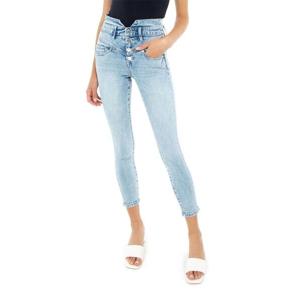 BlankNYC Women's High Rise Exposed Button Skinny Jeans Size 25 Light Blue Wash - Picture 1 of 11